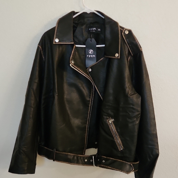 S P Y M Womens Worn Effect Faux Leather Jacket, Faded Moto Biker Coat with Belt - Picture 9 of 10